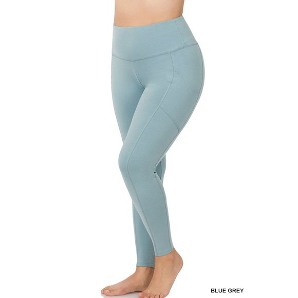 Zenana Outfitters Pants - NWOT Zenana Blue Grey Cotton Wide Waistband Side Pockets Leggings Sizes 1X-3X